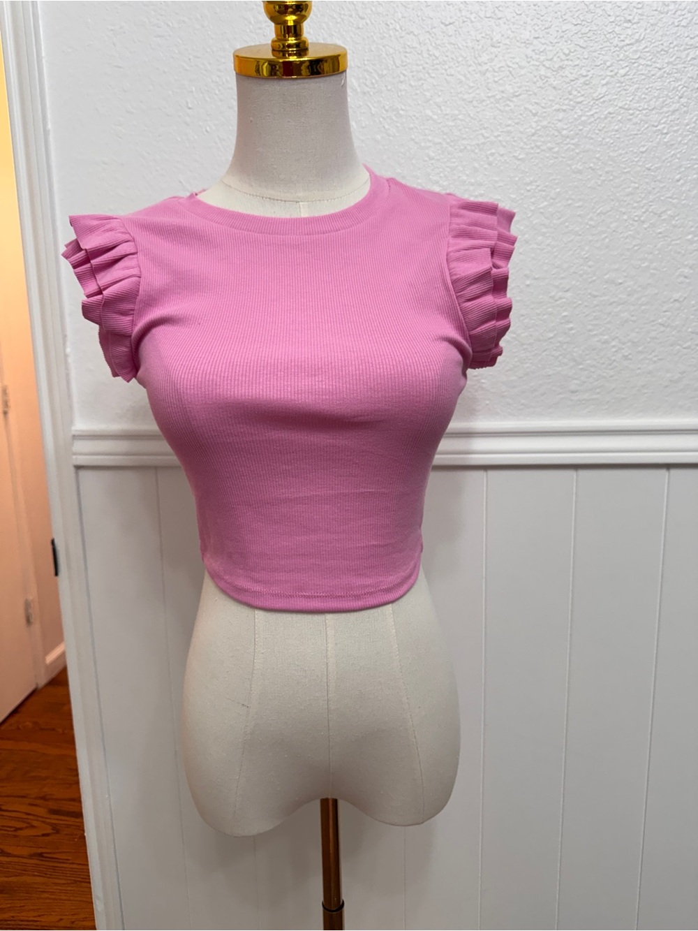 Zara Pink Ruffle Sleeve Ribbed Crop Top